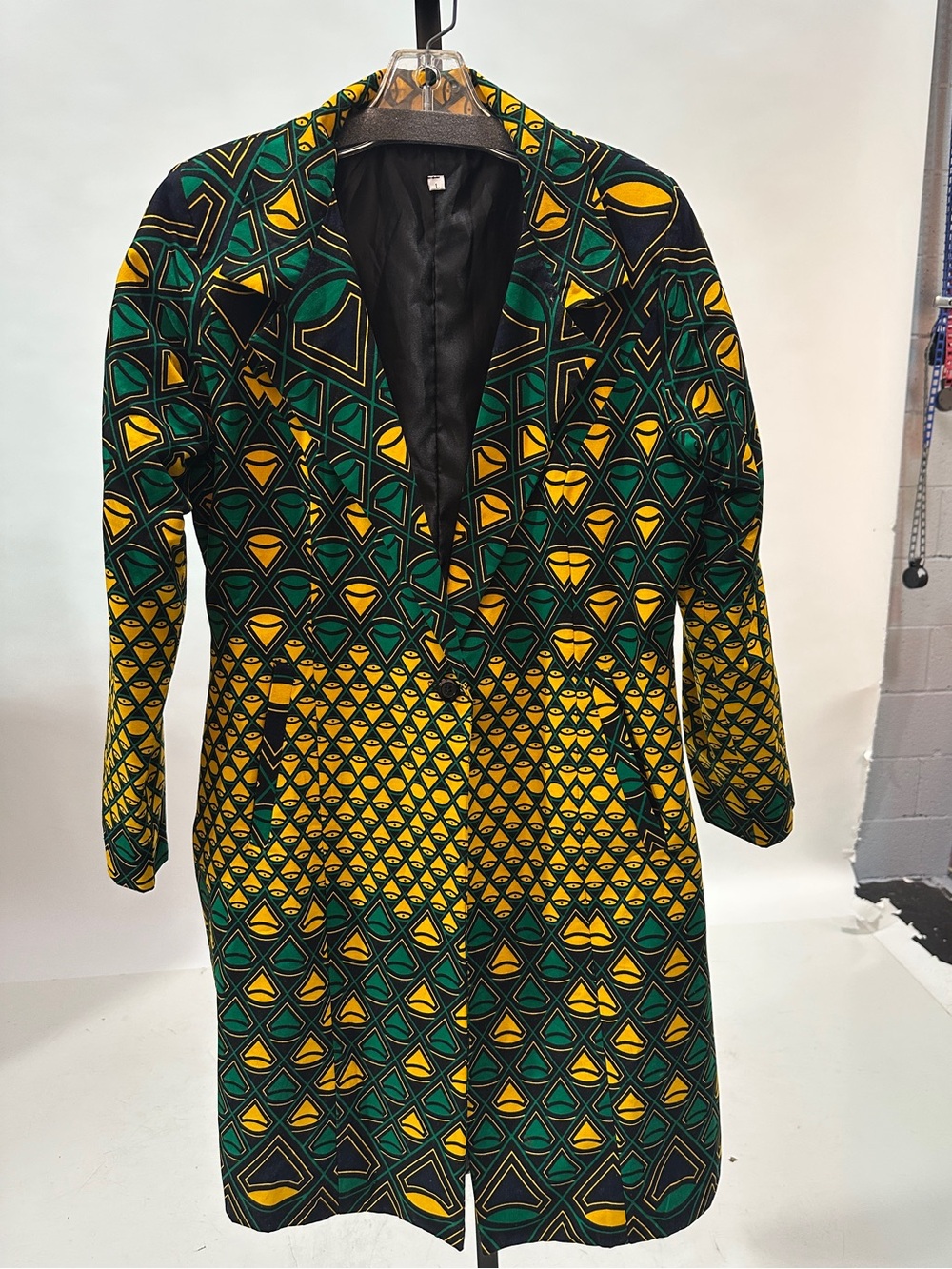 Green & Yellow Geometric Patterned Women's Blazer Coat w/belt